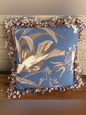 Peking Handicraft Fringed 14” Wool Needlepoint Throw Pillow Blue with Tan Bird